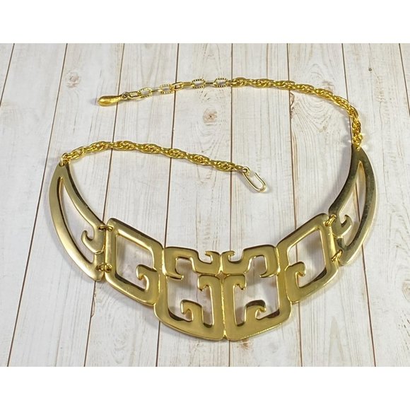Vintage Tortolani Necklace Abstract Shiny Gold Tone Bib Designer 15.5 inches - Picture 8 of 8